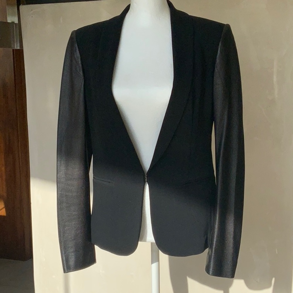 Rag & Bone, mixed media jacket (leather sleeves) with hook front.